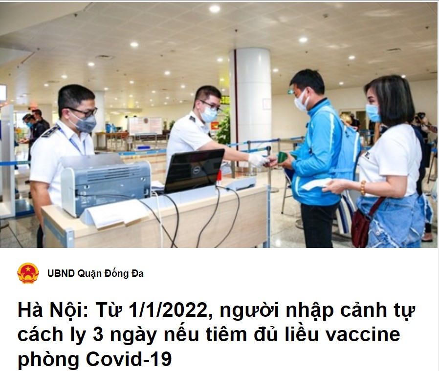 Hà Nội: Từ 1/1/2022, người nhập cảnh tự cách ly 3 ngày nếu tiêm đủ liều vaccine phòng Covid-19