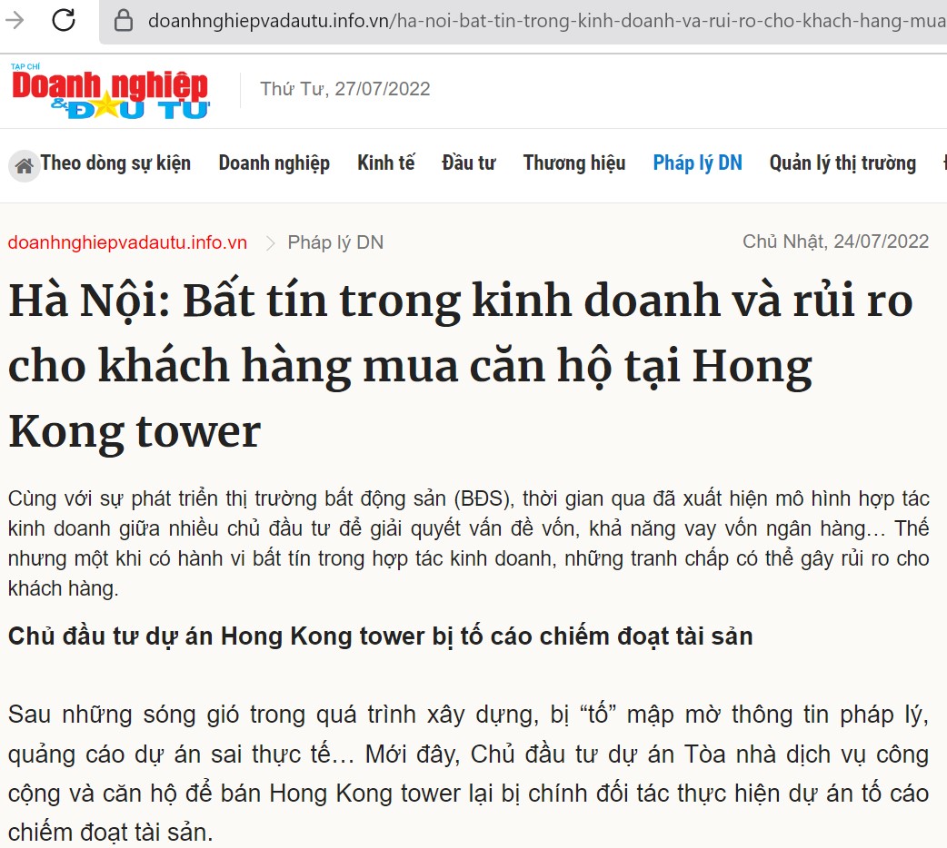 Chủ đầu tư dự án Hong Kong tower bị tố chiếm đoạt tài sản của Công ty Đất Xanh