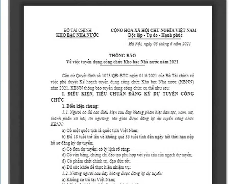 Kho bạc Nhà nước (KBNN) tuyển dụng công chức năm 2021
