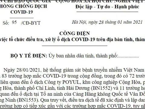 Bộ Y tế đề nghị Ủy ban nhân dân các tỉnh tổ chức điều tra, xử lý ổ dịch COVID-19 trên địa bàn